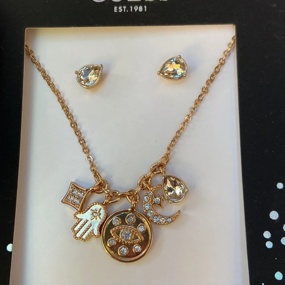 New GUESS 2-Pc. Set Multi-Charm Pendant Necklace & Stone Stud Earrings
